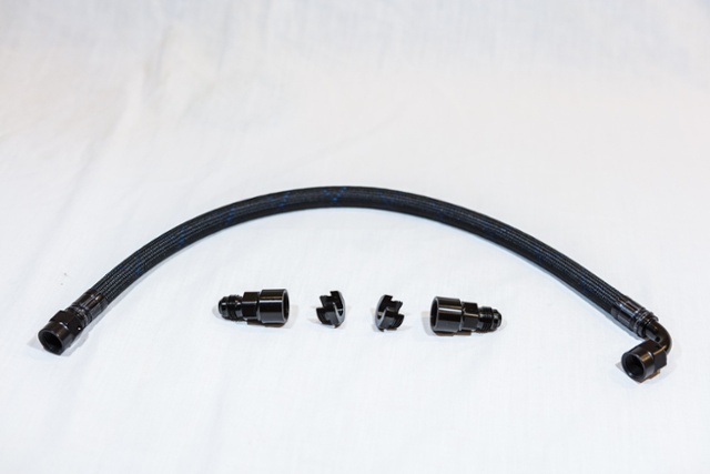 -6AN fittings and an E85-compatible line with fittings from 5150 Racing
